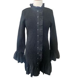 J. Crew Size Large Fitted Smocked Button-Up Mini Dress Flare Hem & Sleeves Black